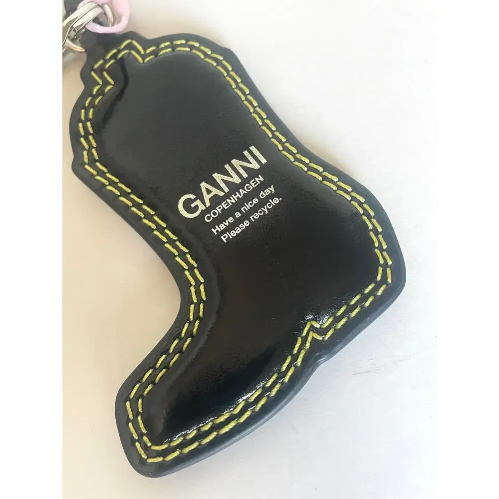 GANNI Western Boot Keyring Black Yellow Leather Bag Charm